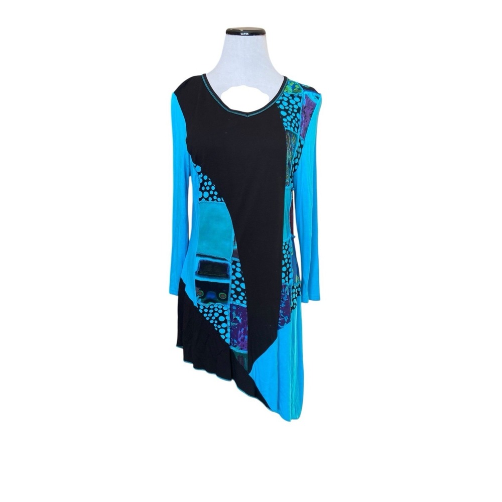 Parsley & Sage Asymmetrical Patchwork Tunic Top Size L Teal Art Deco Lagenlook‎